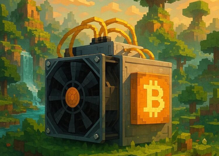 Un ASIC de bitcoin en un futuro hermoso y reimaginado de fantasía, estilo minecraft. Fuente: Microsoft Image Designer