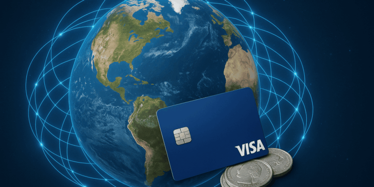 Una tarjeta Visa junto a una imagen del planeta Tierra.