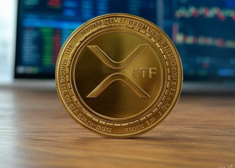 Imagen de moneda física de XRP sobre una mesa delante de un gráfico de precios.