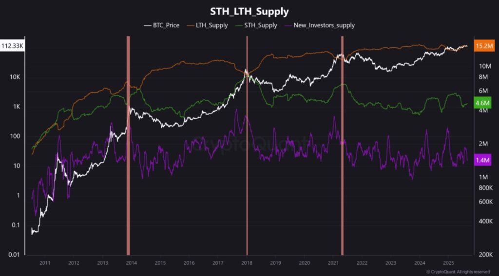 Gráfico de suministro de BTC por parte de inversores de corto y largo plazo.
