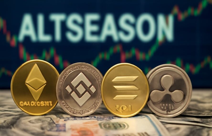 Criptomonedas sobre dinero y gráficas verdes de fondo con la palabra altseason.