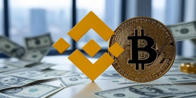 Binance junto a bitcoin y dinero alrededor.