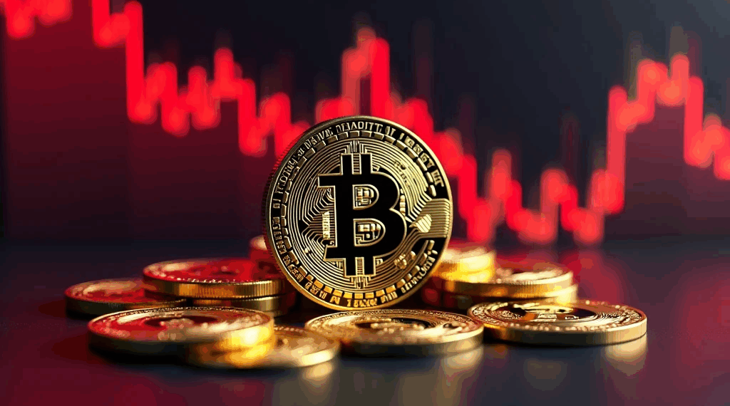 Moneda de bitcoin con gráfico de precio de fondo.