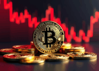 Moneda de bitcoin con gráfico de precio de fondo.