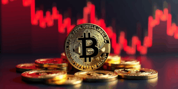 Moneda de bitcoin con gráfico de precio de fondo.
