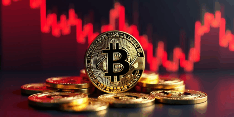 Moneda de bitcoin con gráfico de precio de fondo.