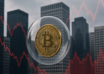 Bitcoin dentro de una burbuja con edificios empresariales de fondo.
