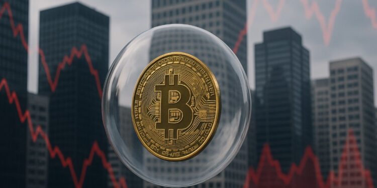 Bitcoin dentro de una burbuja con edificios empresariales de fondo.