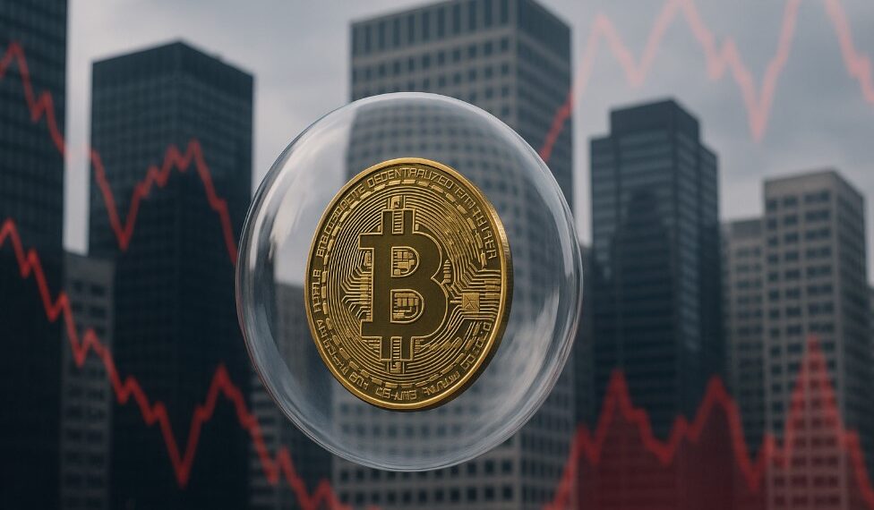 Bitcoin dentro de una burbuja con edificios empresariales de fondo.