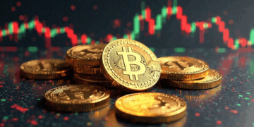 monedas de bitcoin y fondo de gráficos.