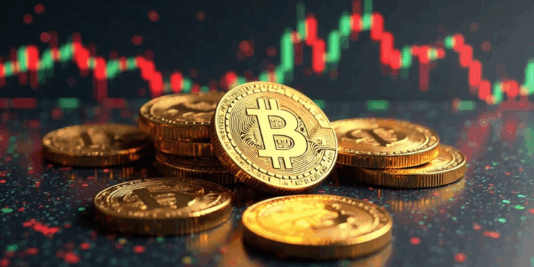 monedas de bitcoin y fondo de gráficos.