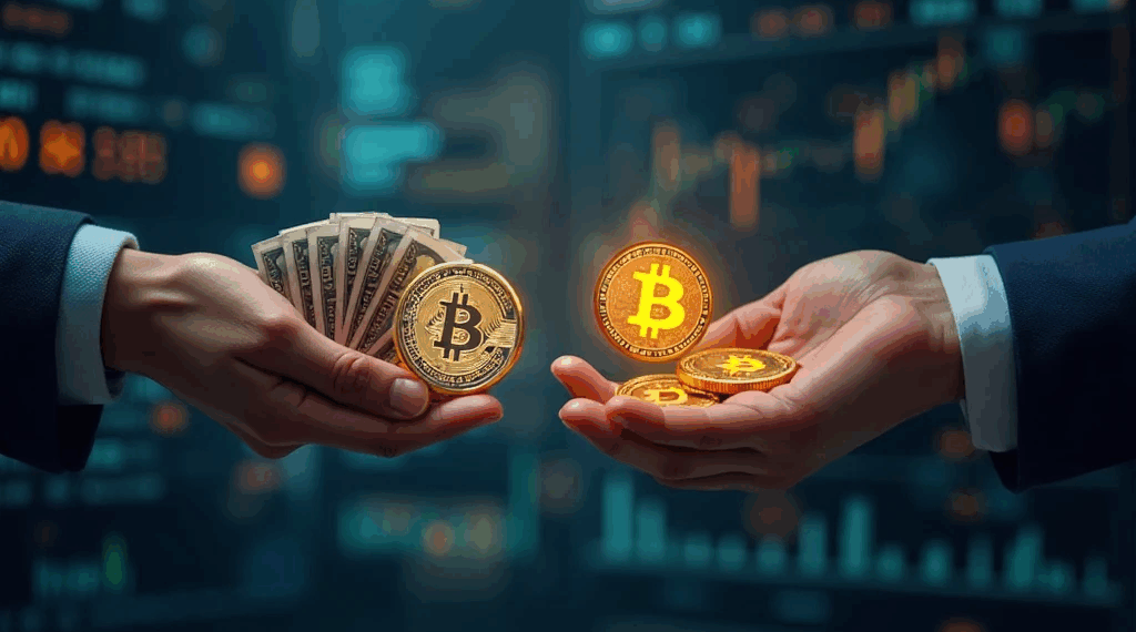 monedas de bitcoin en una mano y dólares en la otra.