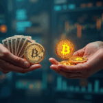 monedas de bitcoin en una mano y dólares en la otra.