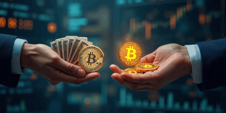 monedas de bitcoin en una mano y dólares en la otra.
