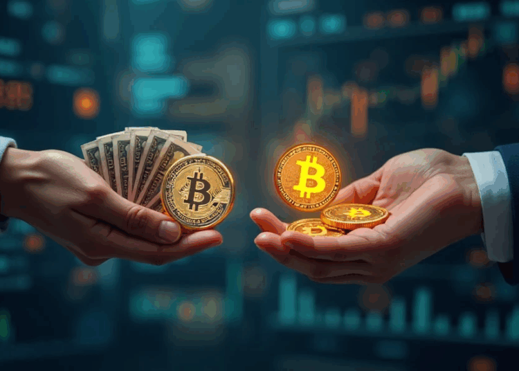 monedas de bitcoin en una mano y dólares en la otra.