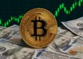 BTC con gráficas verdes y dinero.