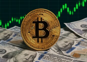 BTC con gráficas verdes y dinero.