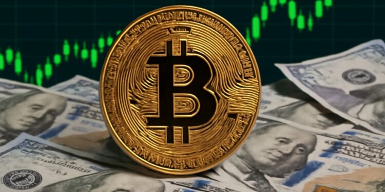 BTC con gráficas verdes y dinero.