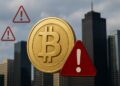 Bitcoin con empresas detrás y símbolos de alerta.