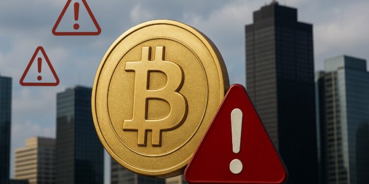 Bitcoin con empresas detrás y símbolos de alerta.