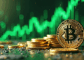 monedas de bitcoin y gráfico de fondo.