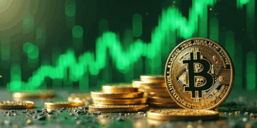 monedas de bitcoin y gráfico de fondo.
