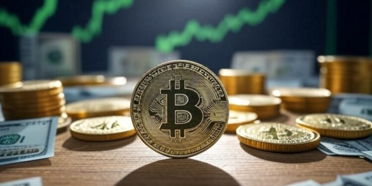 Bitcoin con oro y gráficas.