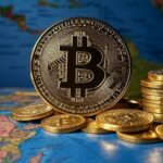 Monedas de bitcoin doradas están agrupadas sobre un mapa mundi.