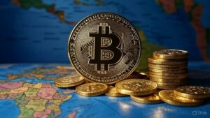 Monedas de bitcoin doradas estรกn agrupadas sobre un mapa mundi.