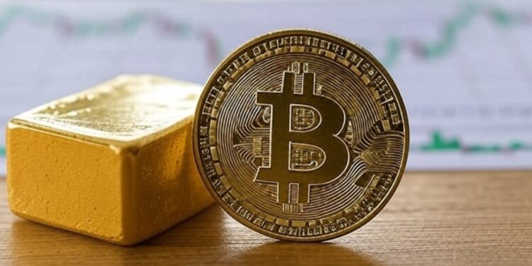 Bitcoin al lado de un lingote de oro.