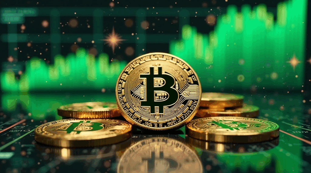 Moneda de bitcoin y gráfico de fondo.