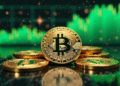 Moneda de bitcoin y gráfico de fondo.