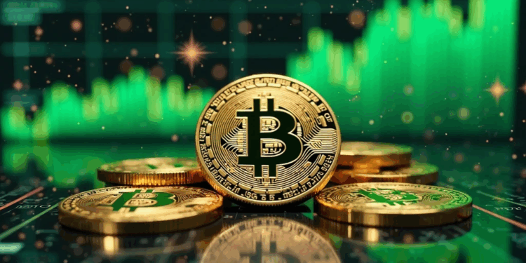 Moneda de bitcoin y gráfico de fondo.