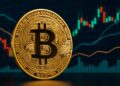 Bitcoin con gráficas mixtas en el fondo.