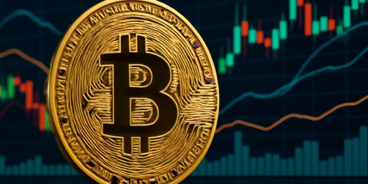 Bitcoin con gráficas mixtas en el fondo.