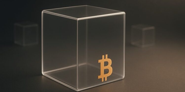 Un cubo transparente con el símbolo de Bitcoin