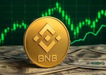 BNB con gráficas verdes de fondo y dinero alrededor.