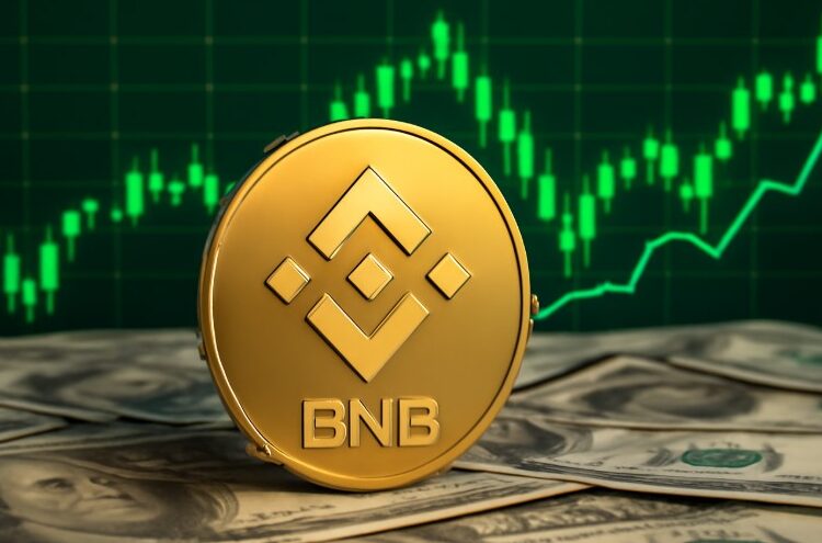 BNB con gráficas verdes de fondo y dinero alrededor.