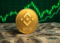 BNB con gráficas verdes de fondo y dinero alrededor.