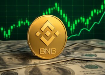 BNB con gráficas verdes de fondo y dinero alrededor.