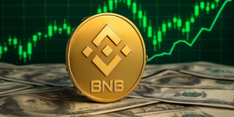 BNB con gráficas verdes de fondo y dinero alrededor.