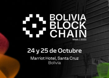 imagen de la fachada del edificio del Marriot Hotel, en Santa Cruz Bolivia con el logo del evento bolivia blockchain week superpuesto que se celebrará el 24 y 25 de octubre del 2025