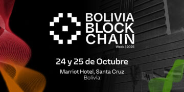 imagen de la fachada del edificio del Marriot Hotel, en Santa Cruz Bolivia con el logo del evento bolivia blockchain week superpuesto que se celebrará el 24 y 25 de octubre del 2025
