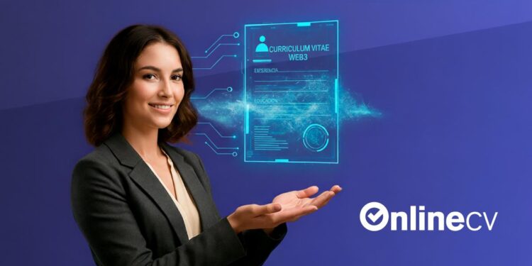 Mujer mostrando docuemnto digital de curriculum vitae para web 3 suspendido sobre sus manos junto a logotipo de onlineCV