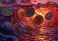Monedas de bitcoin en medio de una ola roja.