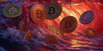 Monedas de bitcoin en medio de una ola roja.