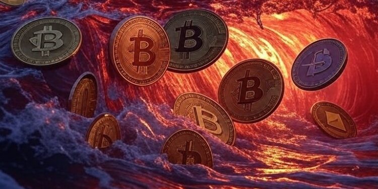 Monedas de bitcoin en medio de una ola roja.