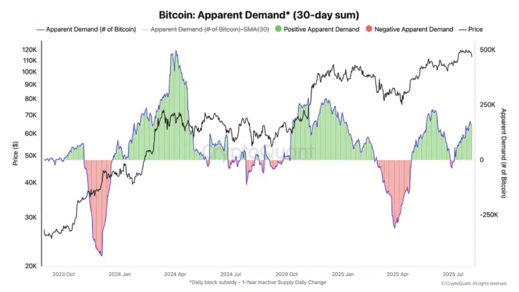 Gráfico que refleja la demanda aparente de bitcoin en los últimos 30 días. 