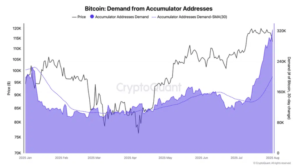 Gráfico que refleja la demanda proveniente de direcciones acumuladores de bitcoin.