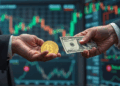 moneda de bitcoin en una mano y otra mano con dólares.